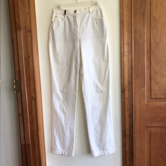 ST. JOHN SPORT White Jeans Straight Leg High Waist Stretch Gold Trim Bel… - Picture 1 of 17